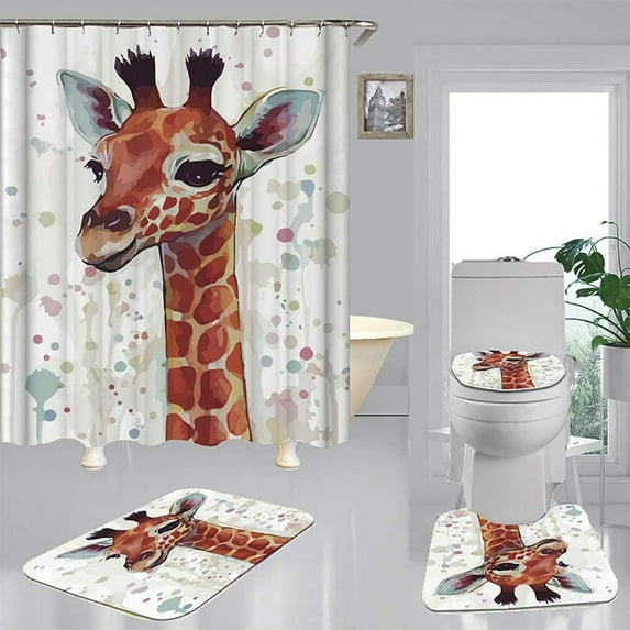 FMSHPON Funny Giraffe 4 Piece Bathroom Set Shower Curtain Bath Rug Contour Mat and Toilet Lid Cover