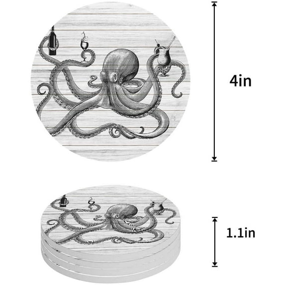 FMSHPON Funny Octopus Set of 8 Round Coaster for Drinks, Absorbent Ceramic Stone Coasters Cup Mat with Cork Base for Home Kitchen Room Coffee Table Bar Decor