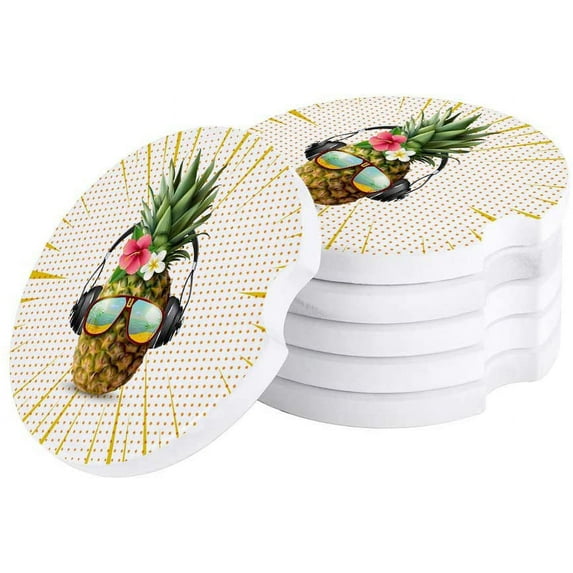 FMSHPON Funny Pineapple Wearing Glasses Set of 2 Car Coaster for Drinks, Absorbent Ceramic Stone Coasters Cup Mat with Cork Base for Home Kitchen Room Coffee Table Bar Decor