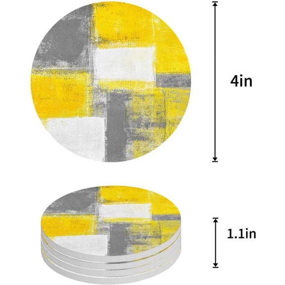FMSHPON Geometric Abstract Oil Painting Style Yellow Set of 4 Round Coaster for Drinks, Absorbent Ceramic Stone Coasters Cup Mat with Cork Base for Home Kitchen Room Coffee Table Bar Decor