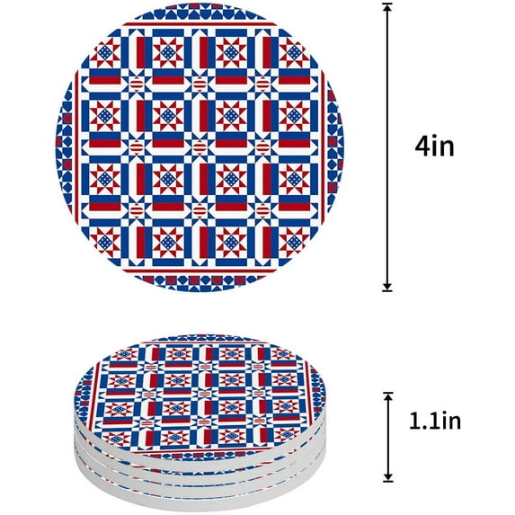 FMSHPON Geometric American Flag Pattern Set of 6 Round Coaster for Drinks, Absorbent Ceramic Stone Coasters Cup Mat with Cork Base for Home Kitchen Room Coffee Table Bar Decor