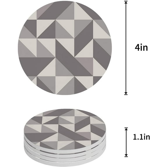 FMSHPON Geometric Gray Beige Triangle Pattern Set of 4 Round Coaster for Drinks, Absorbent Ceramic Stone Coasters Cup Mat with Cork Base for Home Kitchen Room Coffee Table Bar Decor