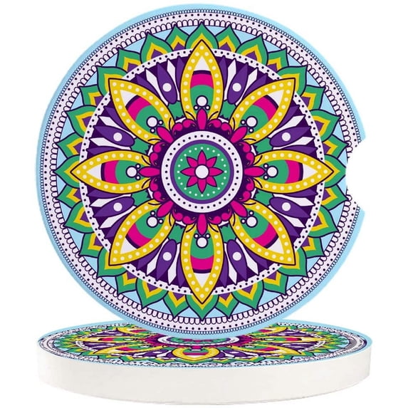 FMSHPON Geometric Mandala Pattern Style Set of 6 Car Coaster for Drinks, Absorbent Ceramic Stone Coasters Cup Mat with Cork Base for Home Kitchen Room Coffee Table Bar Decor