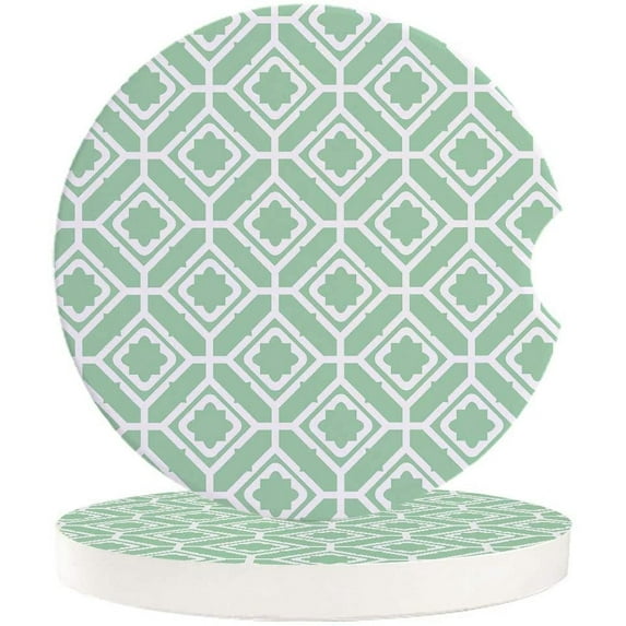 FMSHPON Geometric Pattern Green Set of 6 Car Coaster for Drinks, Absorbent Ceramic Stone Coasters Cup Mat with Cork Base for Home Kitchen Room Coffee Table Bar Decor