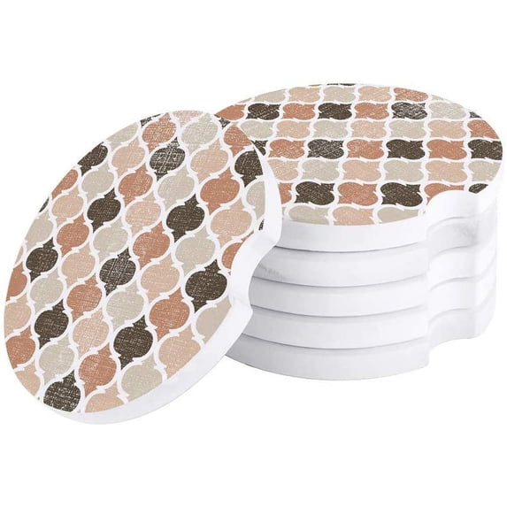 FMSHPON Geometric Vintage Moroccan Pattern Brown Set of 2 Car Coaster for Drinks, Absorbent Ceramic Stone Coasters Cup Mat with Cork Base for Home Kitchen Room Coffee Table Bar Decor