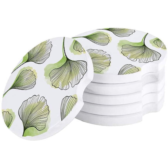FMSHPON Ginkgo Leaf Line Style Set of 4 Car Coaster for Drinks, Absorbent Ceramic Stone Coasters Cup Mat with Cork Base for Home Kitchen Room Coffee Table Bar Decor
