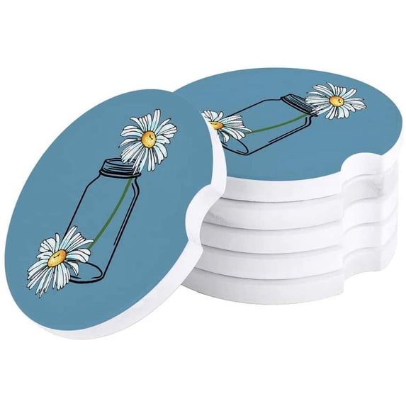 FMSHPON Glass Bottle and Daisies Hand Drawn Set of 2 Car Coaster for Drinks, Absorbent Ceramic Stone Coasters Cup Mat with Cork Base for Home Kitchen Room Coffee Table Bar Decor