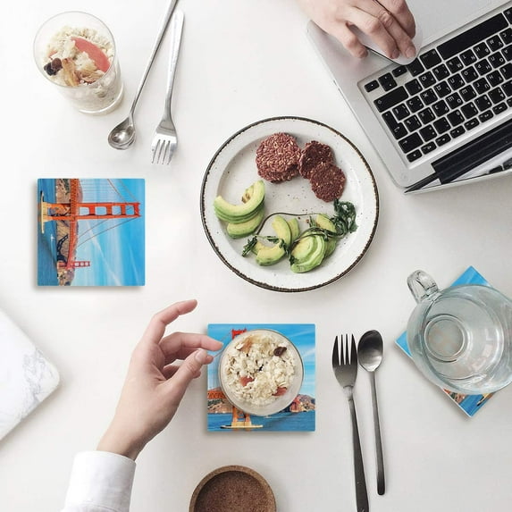 FMSHPON Golden Gate Bridge Set of 8 Coaster for Drinks, Absorbent Ceramic Stone Coasters Cup Mat with Cork Base for Home Kitchen Room Coffee Table Bar Decor