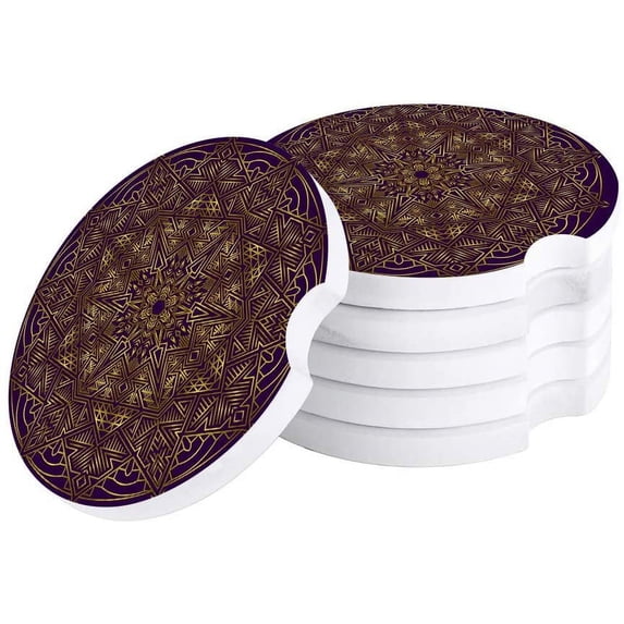 FMSHPON Golden Mandala Pattern Purple Set of 4 Car Coaster for Drinks, Absorbent Ceramic Stone Coasters Cup Mat with Cork Base for Home Kitchen Room Coffee Table Bar Decor