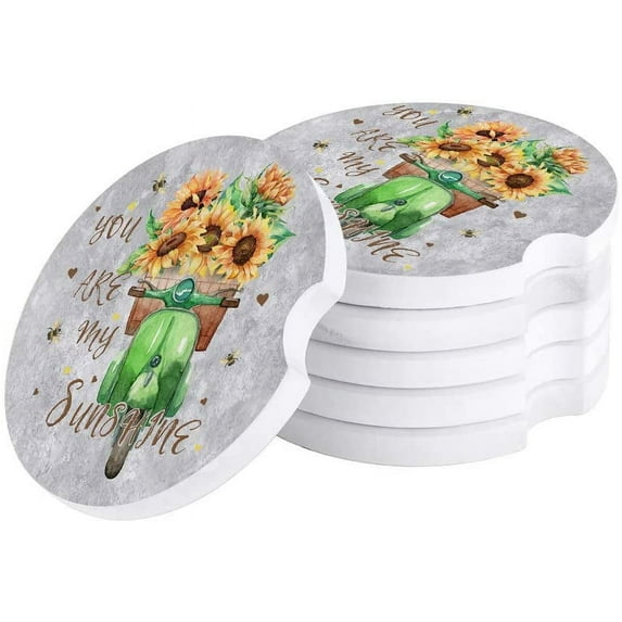 FMSHPON Green Bicycle with Sunflowers Grey Set of 4 Car Coaster for Drinks, Absorbent Ceramic Stone Coasters Cup Mat with Cork Base for Home Kitchen Room Coffee Table Bar Decor