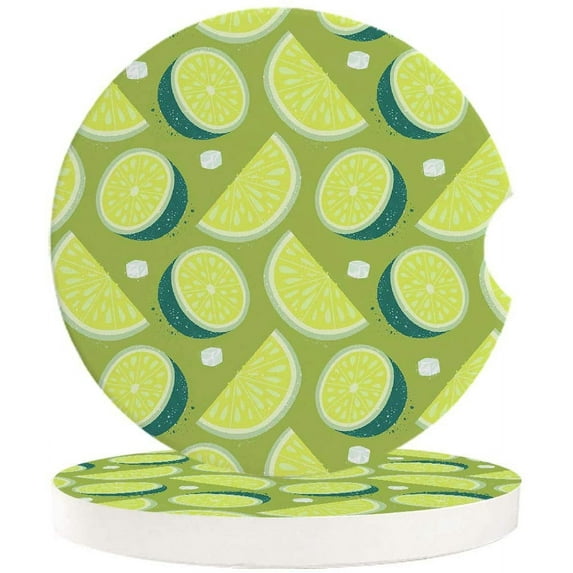 FMSHPON Green Fruit Lime Pattern Set of 6 Car Coaster for Drinks, Absorbent Ceramic Stone Coasters Cup Mat with Cork Base for Home Kitchen Room Coffee Table Bar Decor