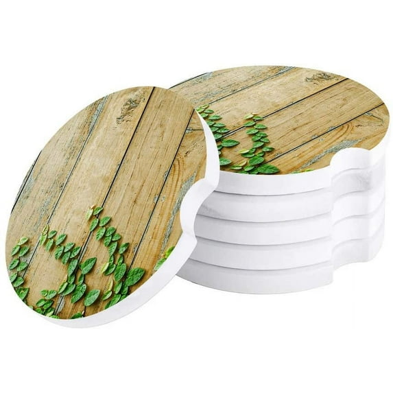 FMSHPON Green Leaf on Wooden Plank Set of 2 Car Coaster for Drinks, Absorbent Ceramic Stone Coasters Cup Mat with Cork Base for Home Kitchen Room Coffee Table Bar Decor