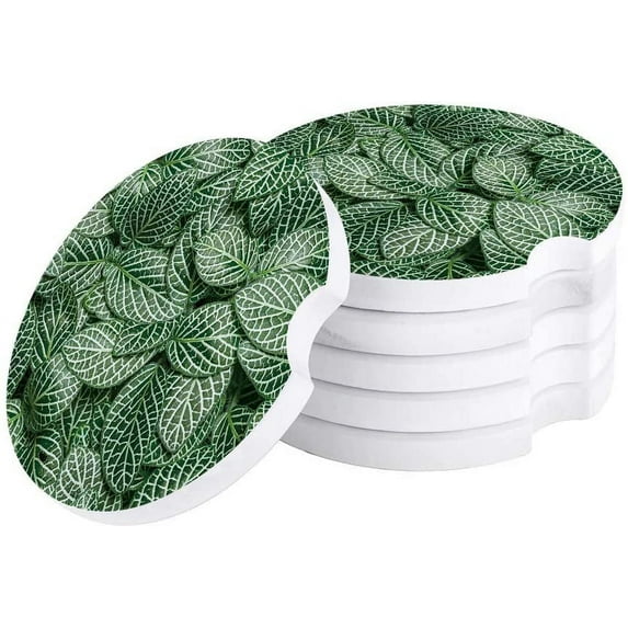 FMSHPON Green Leaves Close Up Set of 2 Car Coaster for Drinks, Absorbent Ceramic Stone Coasters Cup Mat with Cork Base for Home Kitchen Room Coffee Table Bar Decor
