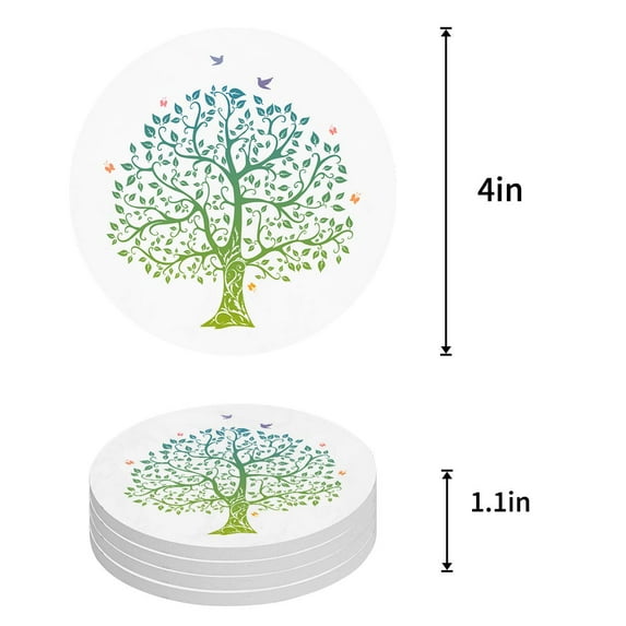 FMSHPON Green Tree of Life Set of 6 Round Coaster for Drinks, Absorbent Ceramic Stone Coasters Cup Mat with Cork Base for Home Kitchen Room Coffee Table Bar Decor