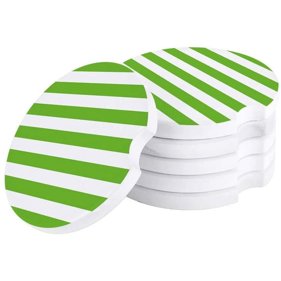 FMSHPON Green and White Stripes Pattern Set of 4 Car Coaster for Drinks, Absorbent Ceramic Stone Coasters Cup Mat with Cork Base for Home Kitchen Room Coffee Table Bar Decor