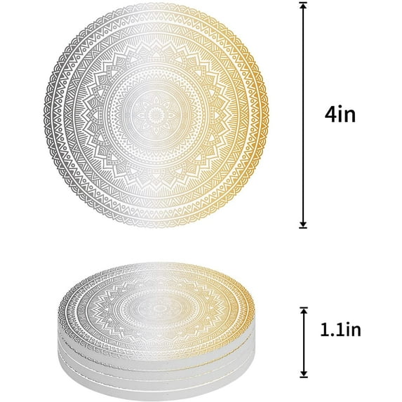 FMSHPON Grey and Yellow Mandala Gradient Pattern Set of 4 Round Coaster for Drinks, Absorbent Ceramic Stone Coasters Cup Mat with Cork Base for Home Kitchen Room Coffee Table Bar Decor
