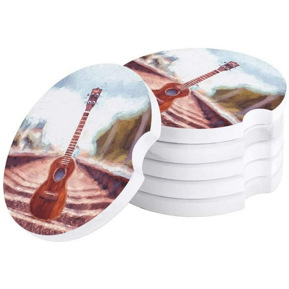 FMSHPON Guitar on The Railroad Oil Painting Style Set of 2 Car Coaster for Drinks, Absorbent Ceramic Stone Coasters Cup Mat with Cork Base for Home Kitchen Room Coffee Table Bar Decor
