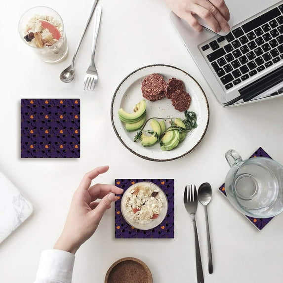 FMSHPON Halloween Black Cat and Bat Set of 6 Coaster for Drinks, Absorbent Ceramic Stone Coasters Cup Mat with Cork Base for Home Kitchen Room Coffee Table Bar Decor