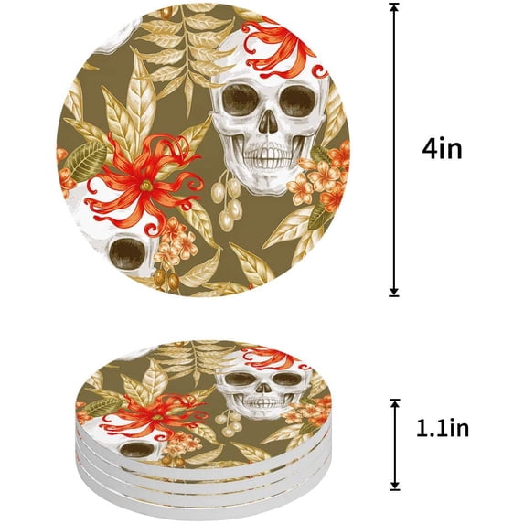 FMSHPON Halloween Flowers Skull Skeleton Set of 4 Round Coaster for Drinks, Absorbent Ceramic Stone Coasters Cup Mat with Cork Base for Home Kitchen Room Coffee Table Bar Decor