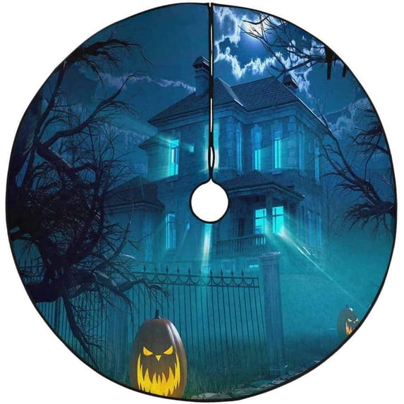 FMSHPON Halloween Night House Pumpkin Xmas Christmas Tree Skirt Stand Mat for Holiday Party Decoration Indoor Outdoor 36 inches