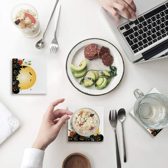 FMSHPON Halloween Theme Pumpkin Pattern Set of 4 Coaster for Drinks, Absorbent Ceramic Stone Coasters Cup Mat with Cork Base for Home Kitchen Room Coffee Table Bar Decor