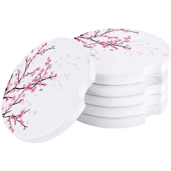FMSHPON Hand Drawn Cherry Blossom Spring Flowers Set of 4 Car Coaster for Drinks, Absorbent Ceramic Stone Coasters Cup Mat with Cork Base for Home Kitchen Room Coffee Table Bar Decor