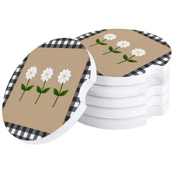 FMSHPON Hand Drawn Daisy Black and White Plaid Set of 2 Car Coaster for Drinks, Absorbent Ceramic Stone Coasters Cup Mat with Cork Base for Home Kitchen Room Coffee Table Bar Decor