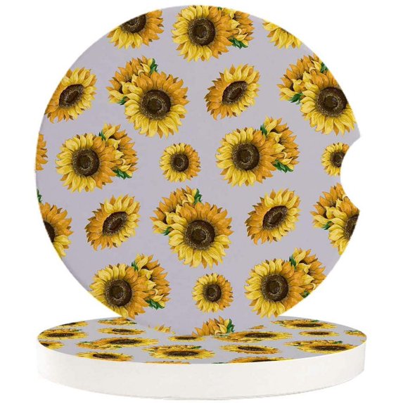 FMSHPON Hand Drawn Sunflower Gray Set of 6 Car Coaster for Drinks, Absorbent Ceramic Stone Coasters Cup Mat with Cork Base for Home Kitchen Room Coffee Table Bar Decor