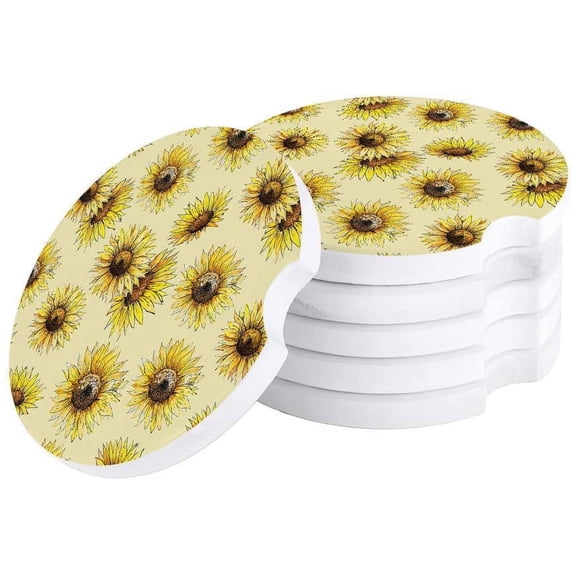 FMSHPON Hand Drawn Sunflower Yellow Set of 2 Car Coaster for Drinks, Absorbent Ceramic Stone Coasters Cup Mat with Cork Base for Home Kitchen Room Coffee Table Bar Decor