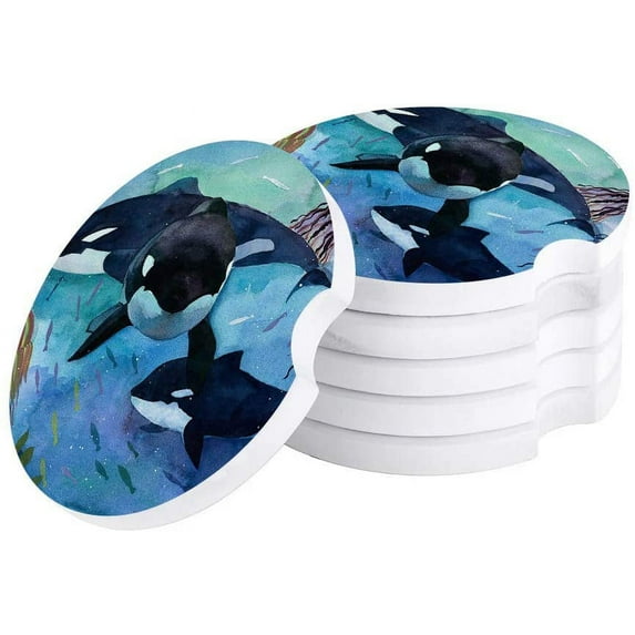 FMSHPON Hand Drawn Underwater World Whale Set of 4 Car Coaster for Drinks, Absorbent Ceramic Stone Coasters Cup Mat with Cork Base for Home Kitchen Room Coffee Table Bar Decor
