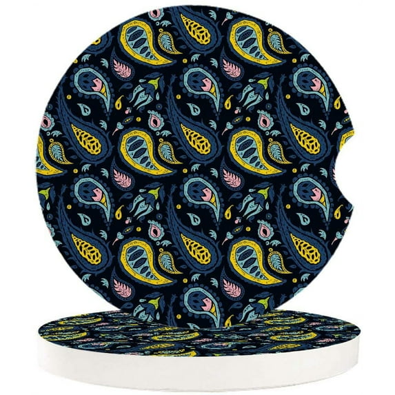 FMSHPON Hand Drawn Vintage Paisley Pattern Black Set of 6 Car Coaster for Drinks, Absorbent Ceramic Stone Coasters Cup Mat with Cork Base for Home Kitchen Room Coffee Table Bar Decor