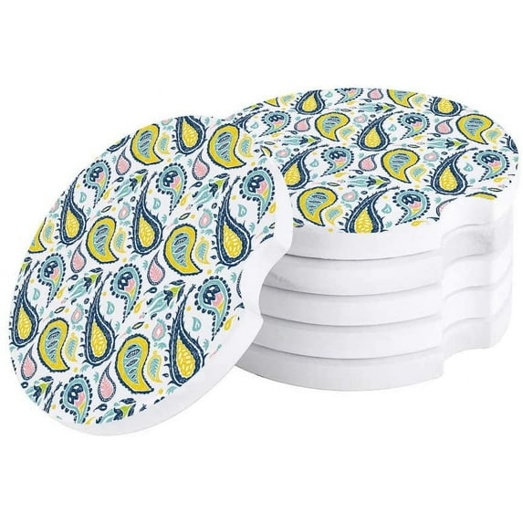FMSHPON Hand Drawn Vintage Paisley Pattern White Set of 2 Car Coaster for Drinks, Absorbent Ceramic Stone Coasters Cup Mat with Cork Base for Home Kitchen Room Coffee Table Bar Decor