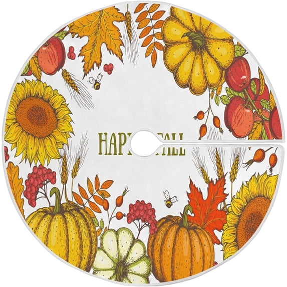 FMSHPON Happy Fall Pumpkin Sunflower Autumn Leaves Xmas Christmas Tree Skirt Stand Mat for Holiday Party Decoration Indoor Outdoor 36 inches