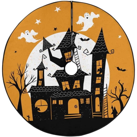 FMSHPON Happy Halloween House Ghosts Xmas Christmas Tree Skirt Stand Mat for Holiday Party Decoration Indoor Outdoor 36 inches