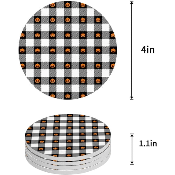 FMSHPON Happy Halloween Pumpkin Black White Buffalo Plaid Set of 8 Round Coaster for Drinks, Absorbent Ceramic Stone Coasters Cup Mat with Cork Base for Home Kitchen Room Coffee Table Bar Decor