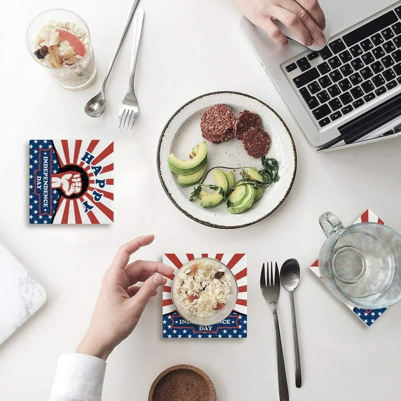 FMSHPON Happy Independence Day American Flag Set of 8 Coaster for Drinks, Absorbent Ceramic Stone Coasters Cup Mat with Cork Base for Home Kitchen Room Coffee Table Bar Decor