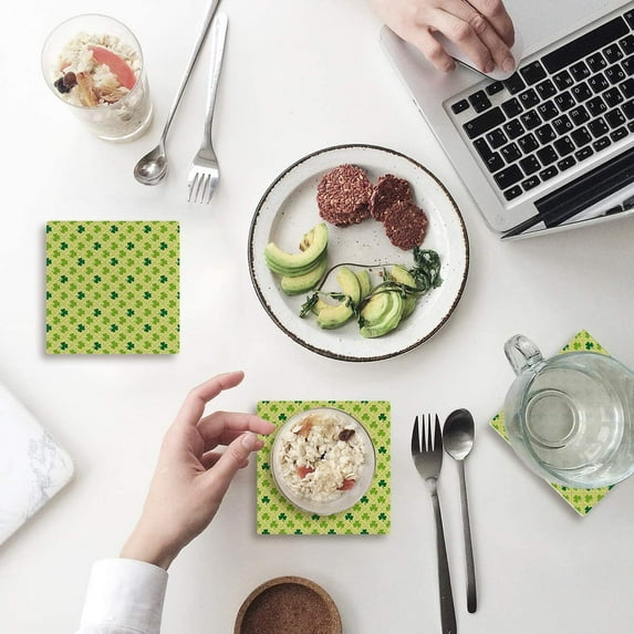 FMSHPON Happy St. Patrick's Day Clover Set of 6 Coaster for Drinks, Absorbent Ceramic Stone Coasters Cup Mat with Cork Base for Home Kitchen Room Coffee Table Bar Decor