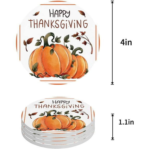 FMSHPON Happy Thanksgiving Retro Pumpkins White Set of 4 Round Coaster for Drinks, Absorbent Ceramic Stone Coasters Cup Mat with Cork Base for Home Kitchen Room Coffee Table Bar Decor