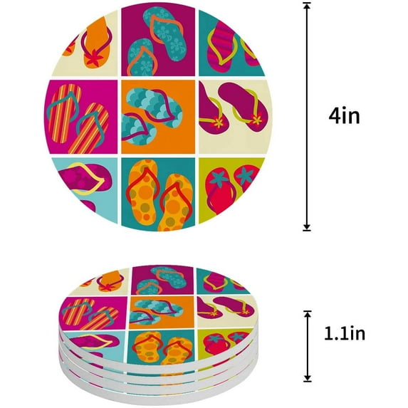 FMSHPON Hawaiian Beach Vacation Flip Flops Set of 4 Round Coaster for Drinks, Absorbent Ceramic Stone Coasters Cup Mat with Cork Base for Home Kitchen Room Coffee Table Bar Decor