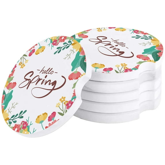 FMSHPON Hello Spring Colorful Flowers Set of 4 Car Coaster for Drinks, Absorbent Ceramic Stone Coasters Cup Mat with Cork Base for Home Kitchen Room Coffee Table Bar Decor