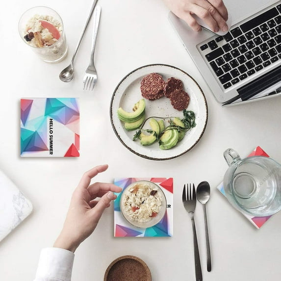 FMSHPON Hello Summer Set of 6 Coaster for Drinks, Absorbent Ceramic Stone Coasters Cup Mat with Cork Base for Home Kitchen Room Coffee Table Bar Decor