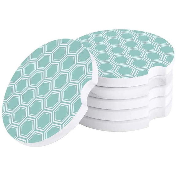 FMSHPON Hexagon Geometric Pattern Aqua Green Set of 4 Car Coaster for Drinks, Absorbent Ceramic Stone Coasters Cup Mat with Cork Base for Home Kitchen Room Coffee Table Bar Decor