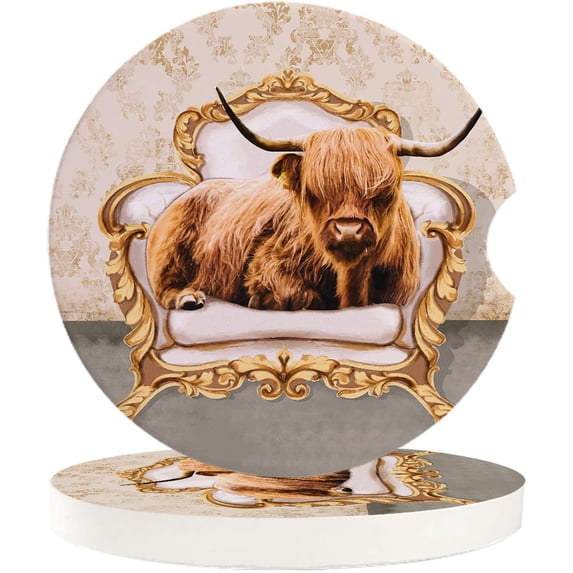 FMSHPON Highland Cow Sitting on Sofa Set of 6 Car Coaster for Drinks, Absorbent Ceramic Stone Coasters Cup Mat with Cork Base for Home Kitchen Room Coffee Table Bar Decor