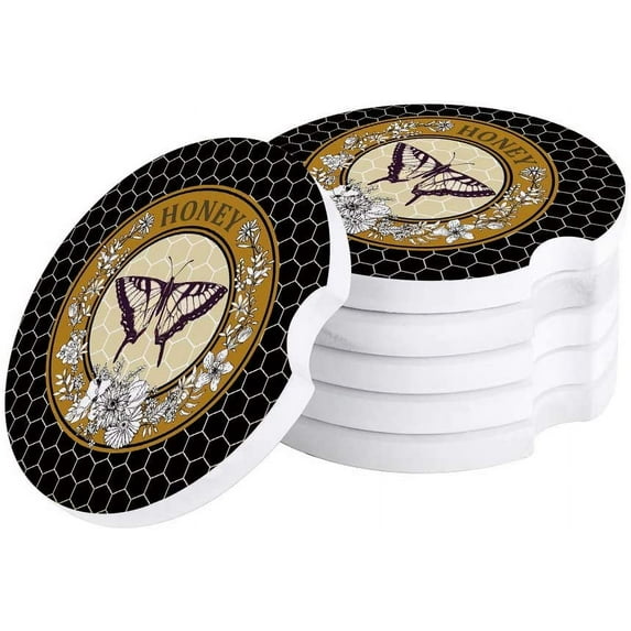 FMSHPON Honey Butterfly Honeycomb Set of 4 Car Coaster for Drinks, Absorbent Ceramic Stone Coasters Cup Mat with Cork Base for Home Kitchen Room Coffee Table Bar Decor