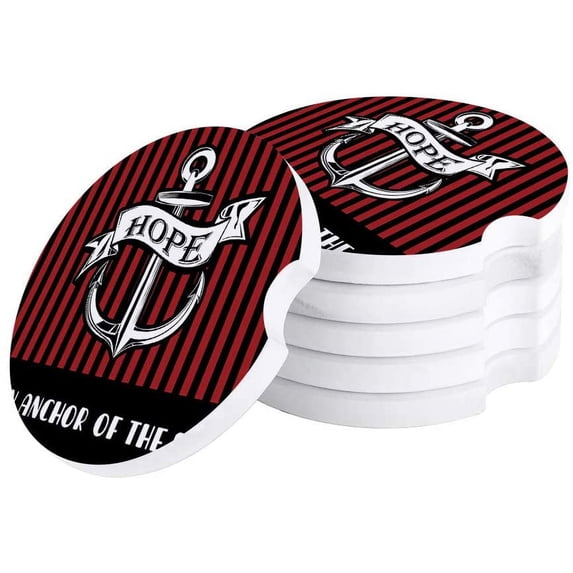 FMSHPON Hope is an Anchor of the Soul Nautical Anchor and Red Stripes Set of 2 Car Coaster for Drinks, Absorbent Ceramic Stone Coasters Cup Mat with Cork Base for Coffee Table Bar Decor