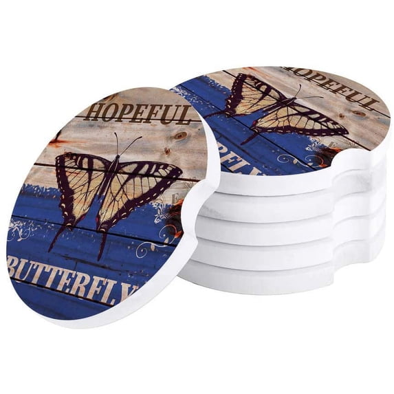 FMSHPON Hopeful Butterfly Blue Daub Vintage Rustic Wood Grain Set of 2 Car Coaster for Drinks, Absorbent Ceramic Stone Coasters Cup Mat with Cork Base for Home Kitchen Room Coffee Table Bar Decor