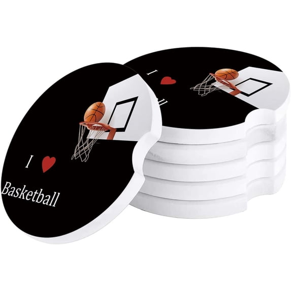 FMSHPON I Love Basketball Black Set of 4 Car Coaster for Drinks, Absorbent Ceramic Stone Coasters Cup Mat with Cork Base for Home Kitchen Room Coffee Table Bar Decor