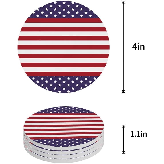 FMSHPON Independence Day American Flag Set of 4 Round Coaster for Drinks, Absorbent Ceramic Stone Coasters Cup Mat with Cork Base for Home Kitchen Room Coffee Table Bar Decor