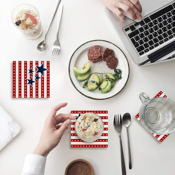 FMSHPON Independence Day American Flag Set of 8 Coaster for Drinks, Absorbent Ceramic Stone Coasters Cup Mat with Cork Base for Home Kitchen Room Coffee Table Bar Decor