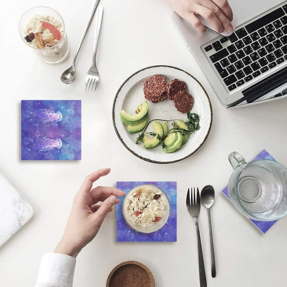 FMSHPON Jellyfish Set of 6 Coaster for Drinks, Absorbent Ceramic Stone Coasters Cup Mat with Cork Base for Home Kitchen Room Coffee Table Bar Decor
